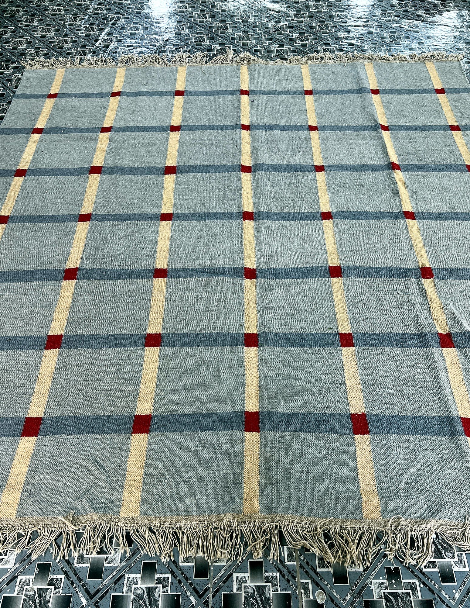 Handwoven slate blue windowpane kilim rug with crimson accents | The Rugs Curator — Pakistani Premium Rugs