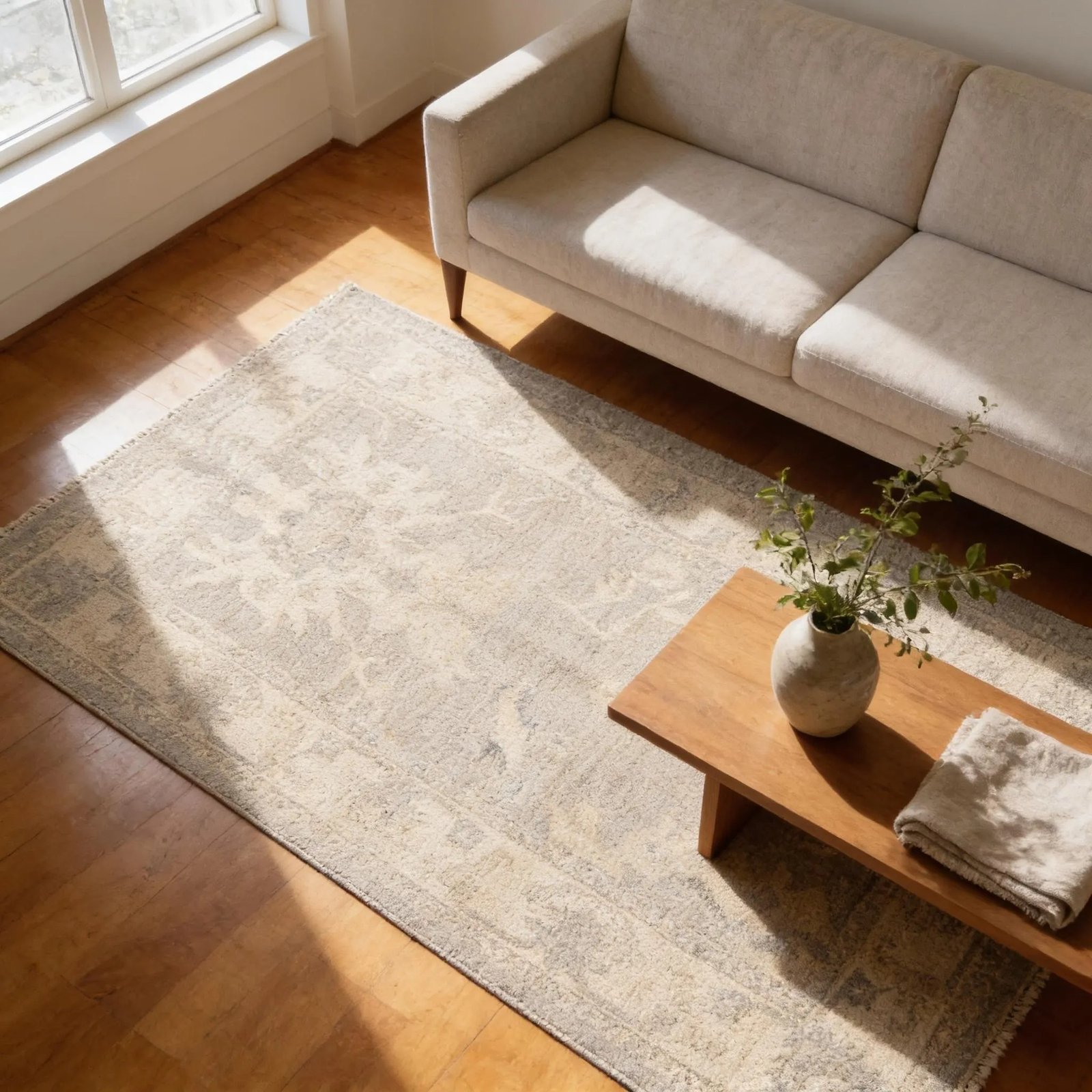 whitewash oushak rug on the floor