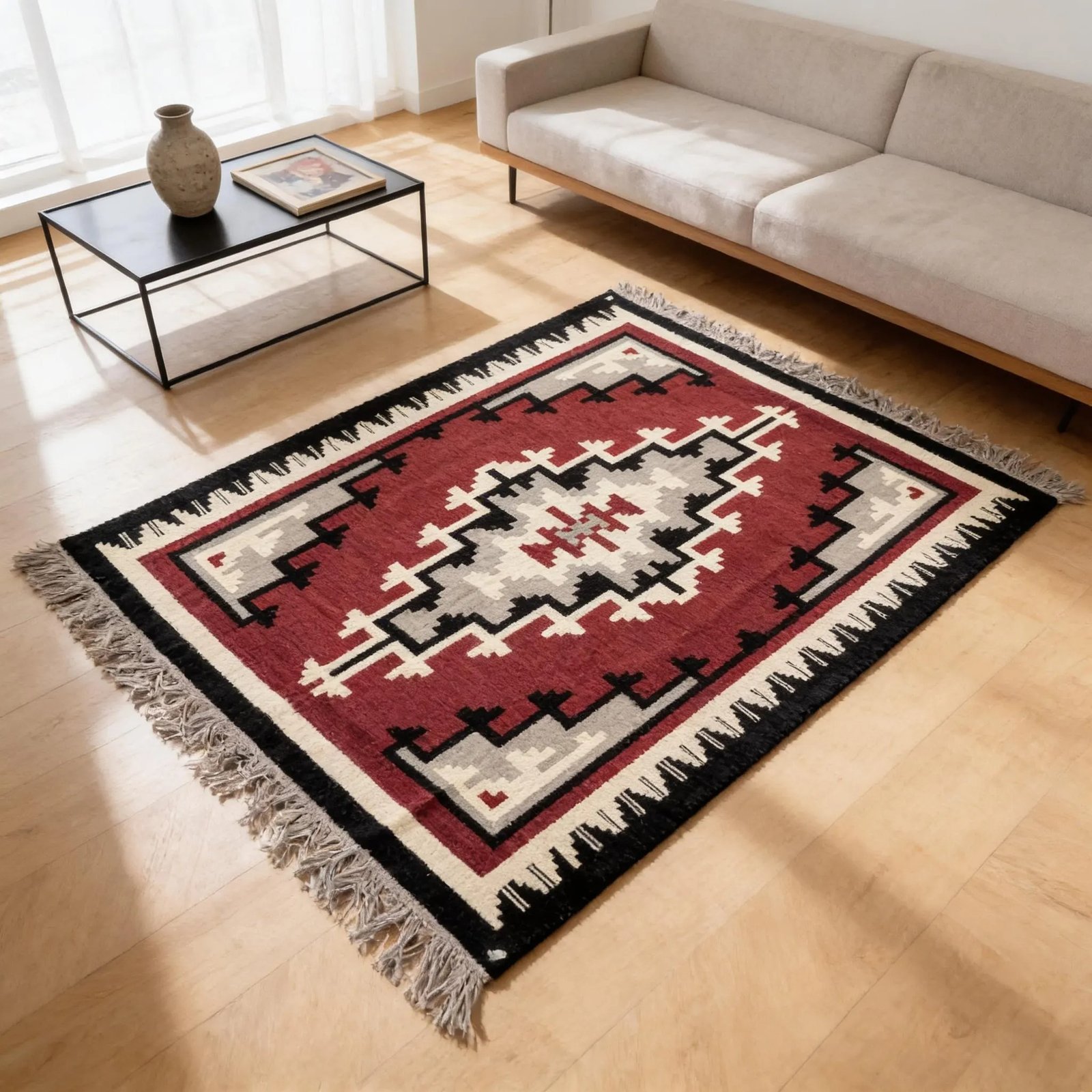 Handwoven ivory kilim runner with maroon and green stepped medallions