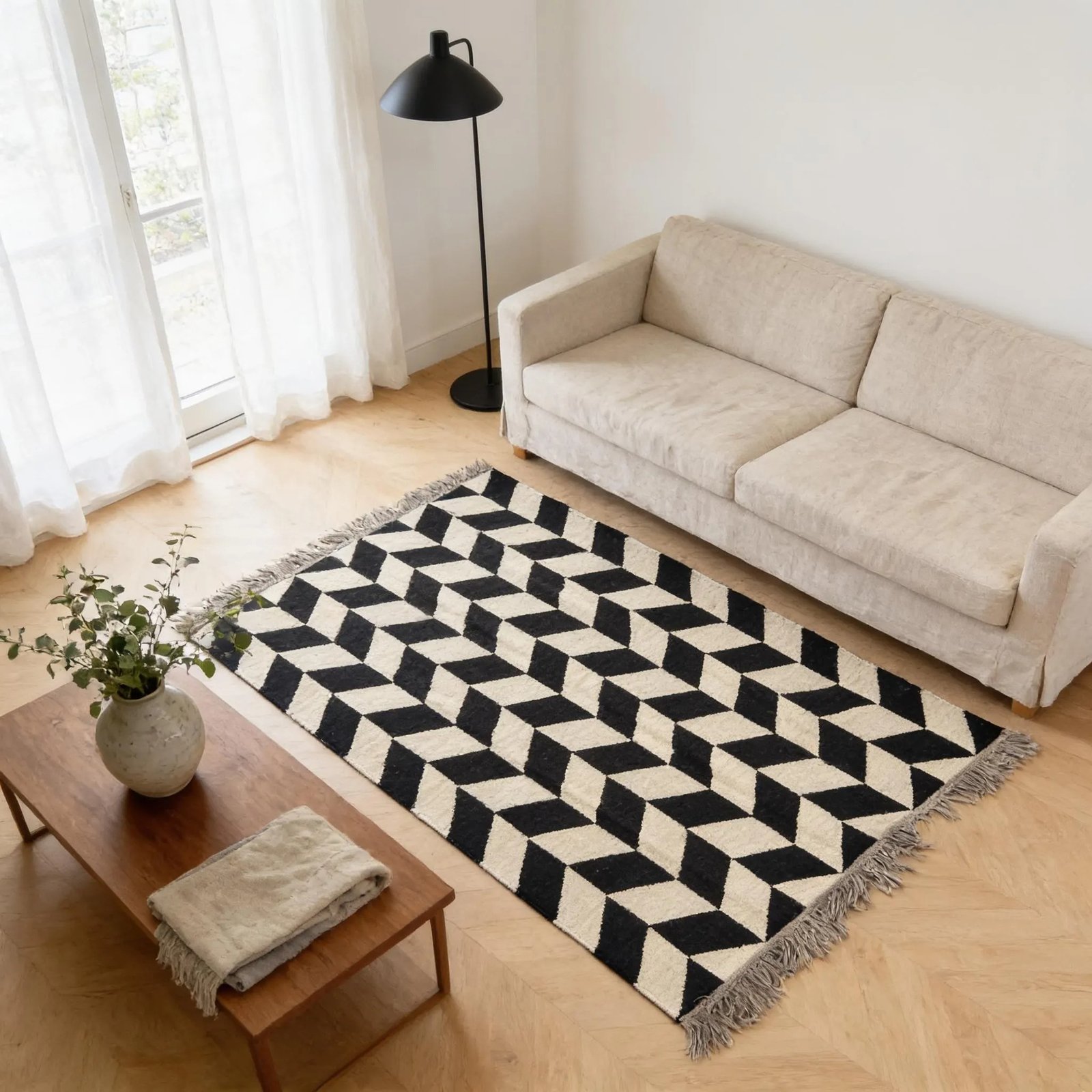 white and black kilim rug