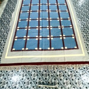 Handwoven cobalt blue kilim rug with maroon grid pattern | The Rugs Curator — Pakistani Premium Rugs