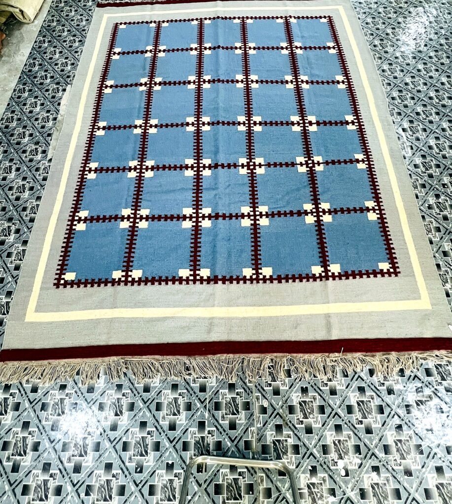Handwoven cobalt blue kilim rug with maroon grid pattern | The Rugs Curator — Pakistani Premium Rugs