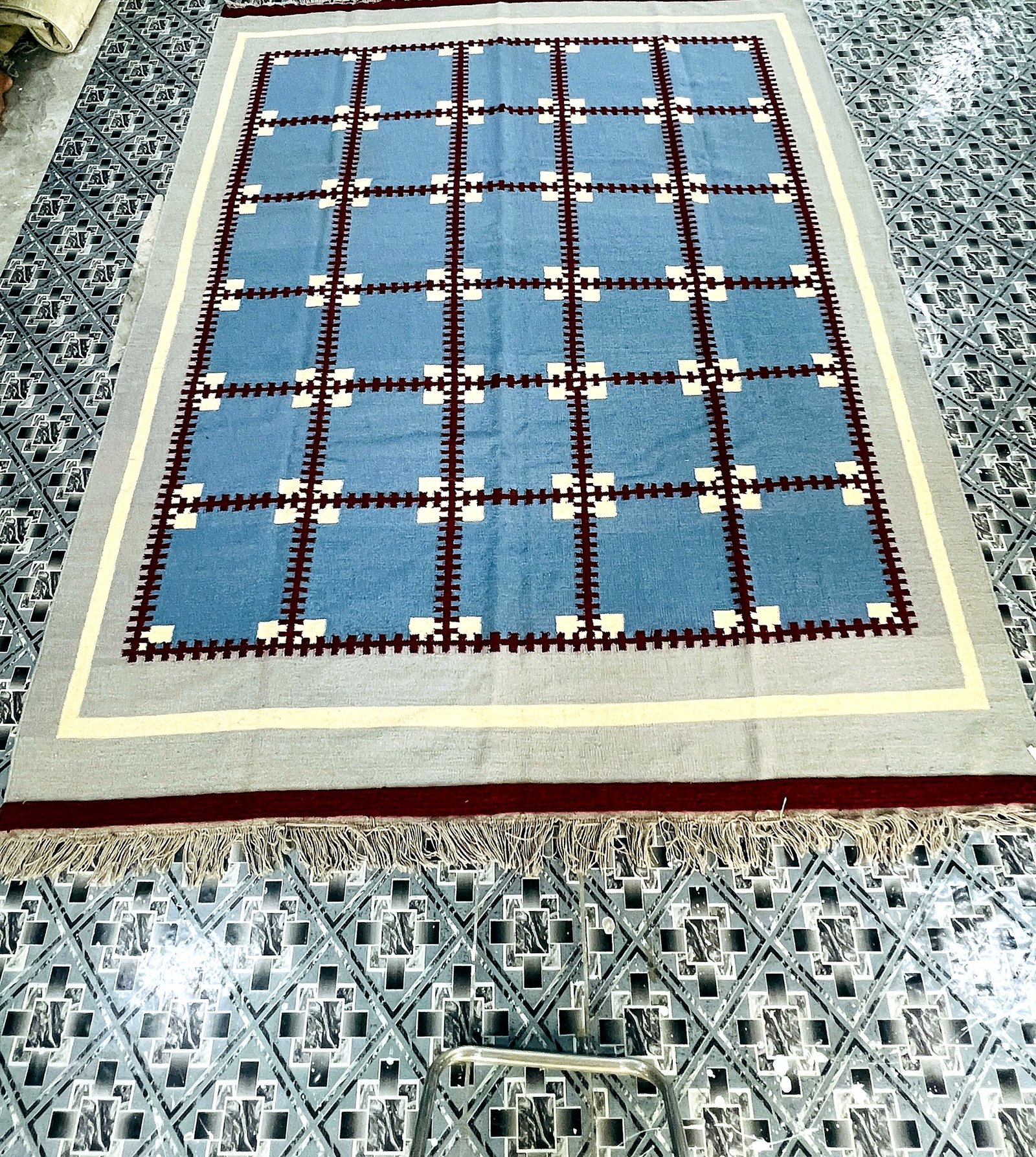 Handwoven cobalt blue kilim rug with maroon grid pattern | The Rugs Curator — Pakistani Premium Rugs