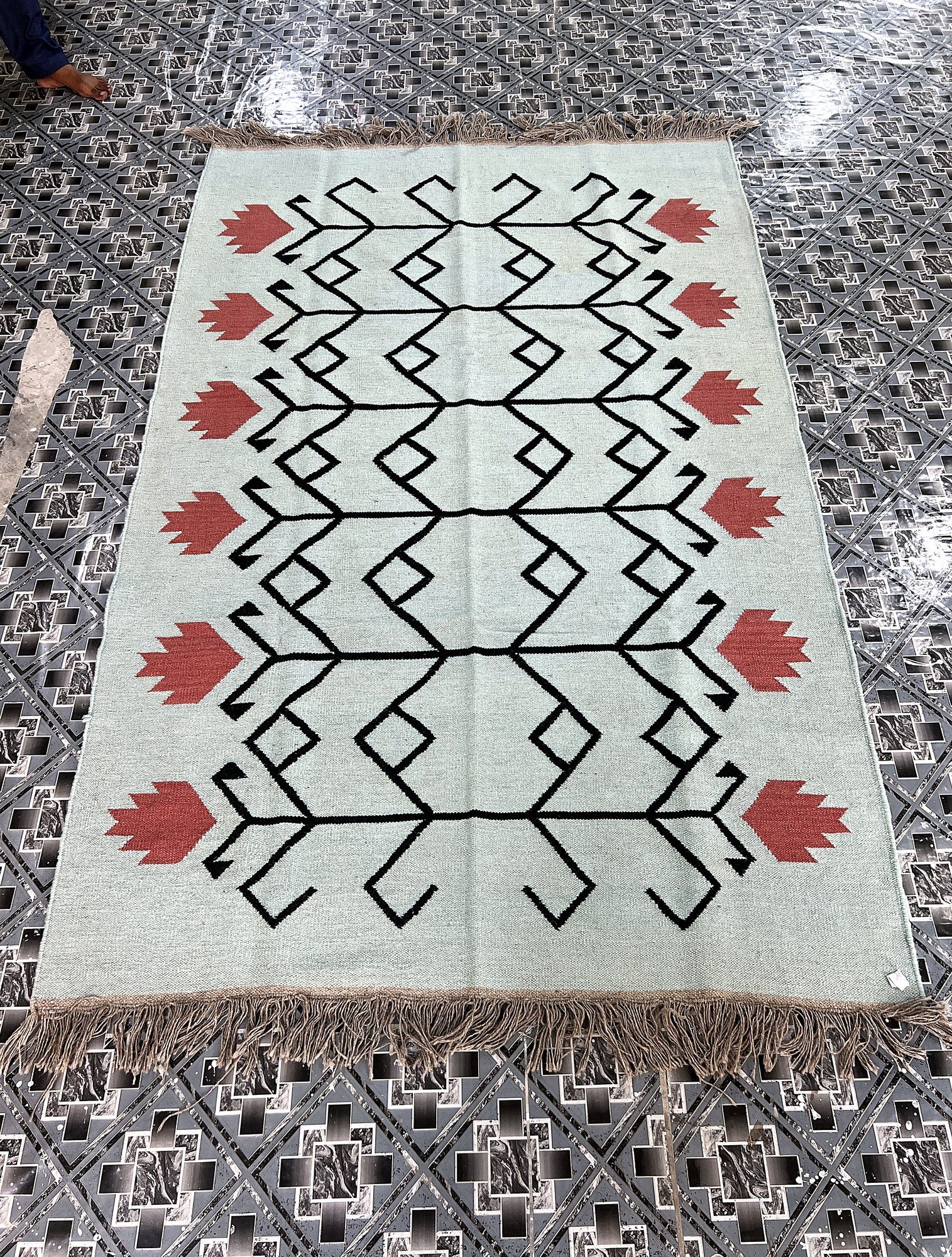 Angled full-length view of the handwoven sage green kilim rug with black tribal motif and coral accents | The Rugs Curator — Pakistani Premium Rugs