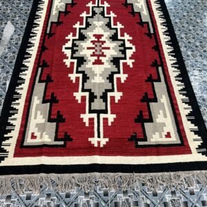 Handwoven crimson red kilim rug with grey and ivory medallion | The Rugs Curator — Pakistani Premium Rugs
