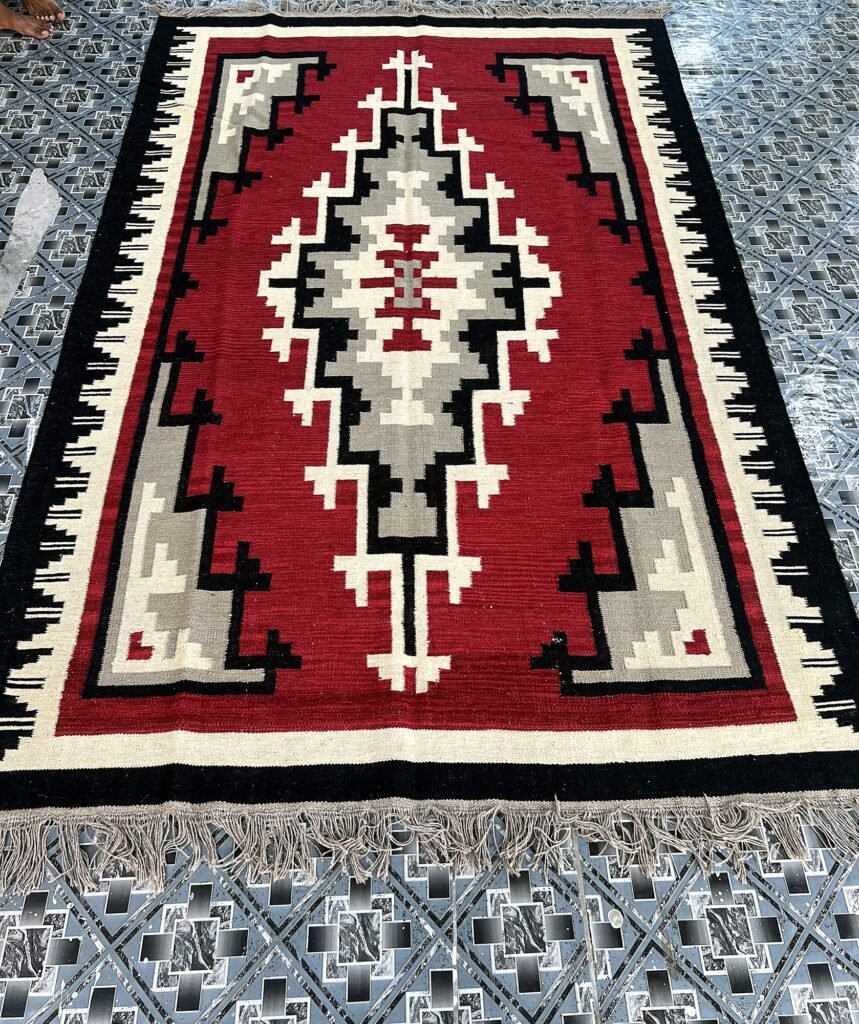 Handwoven crimson red kilim rug with grey and ivory medallion | The Rugs Curator — Pakistani Premium Rugs