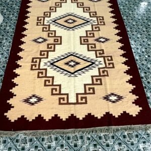 Handwoven ivory diamond medallion kilim rug with maroon border | The Rugs Curator — Pakistani Premium Rugs
