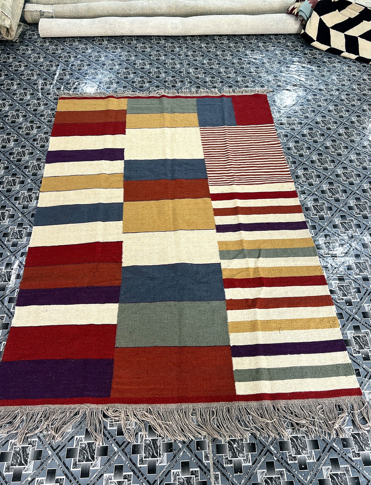 Handwoven multicolor patchwork kilim rug with striped panel | The Rugs Curator — Pakistani Premium Rugs