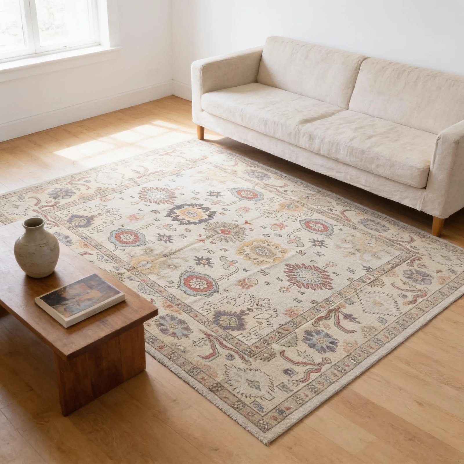 Colorful oushak rug on the floor