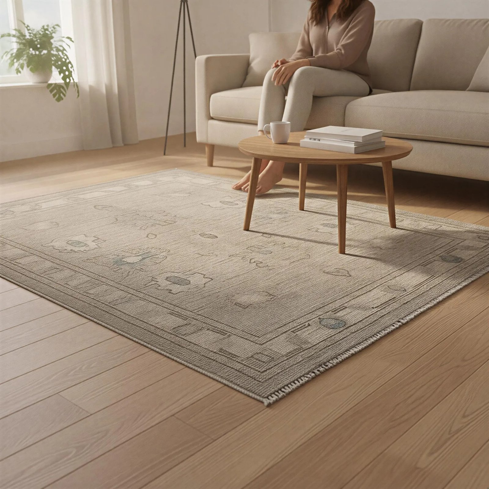 White washed Oushak Rug on floow